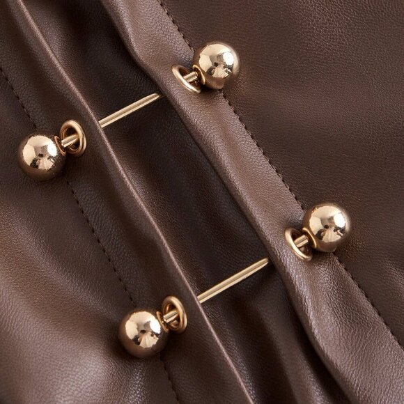 Brown Casual Women's Side Slit Metallic Trim Faux Leather A-Line skirt - Picture 3 of 4